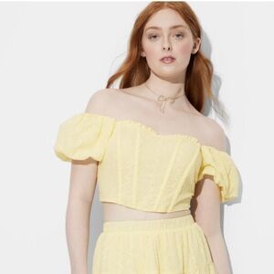 wild fable women's puff cap sleeve eyelet corset crop top color yellow Sz XS